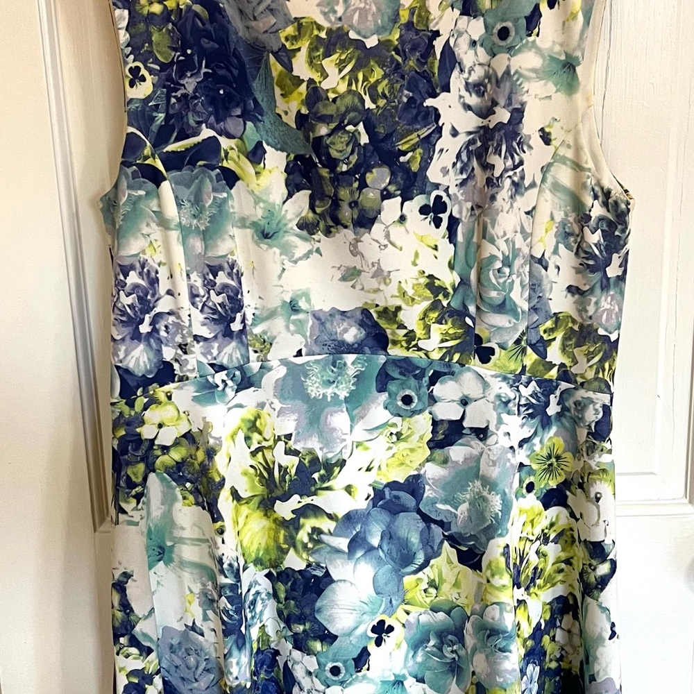 Tahari Floral Midi Dress in White, Navy, Teal & Lime